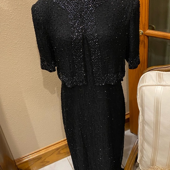 Vintage BRILLIANTE 100% SILK Beaded Cocktail Gown With Attached Jacket  size PXL - Picture 3 of 10